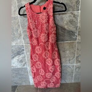 JS BOUTIQUE Ladies Women’s Size 2 Coral Pink Lacy Floral Dress Ribbon De…